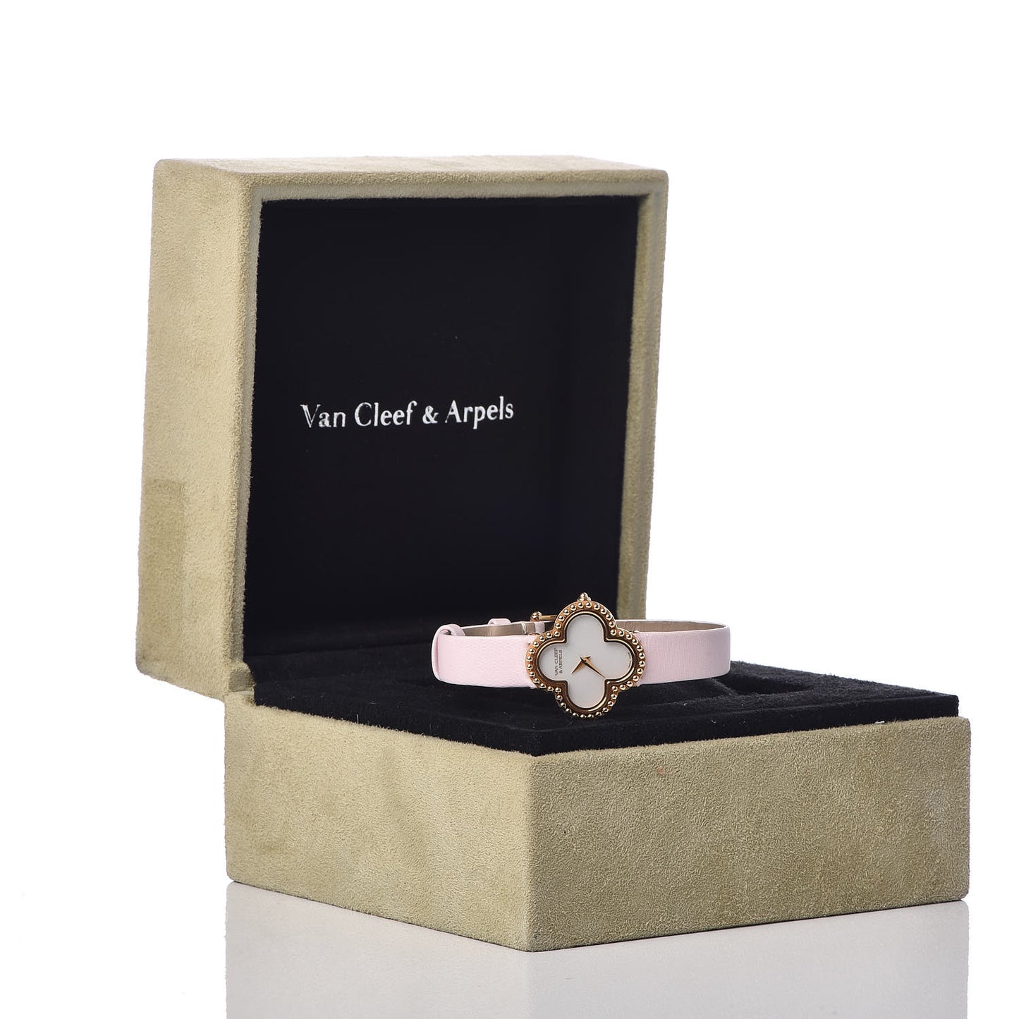 18K Yellow Gold Satin Mother of Pearl 26mm Alhambra Quartz Watch Pink