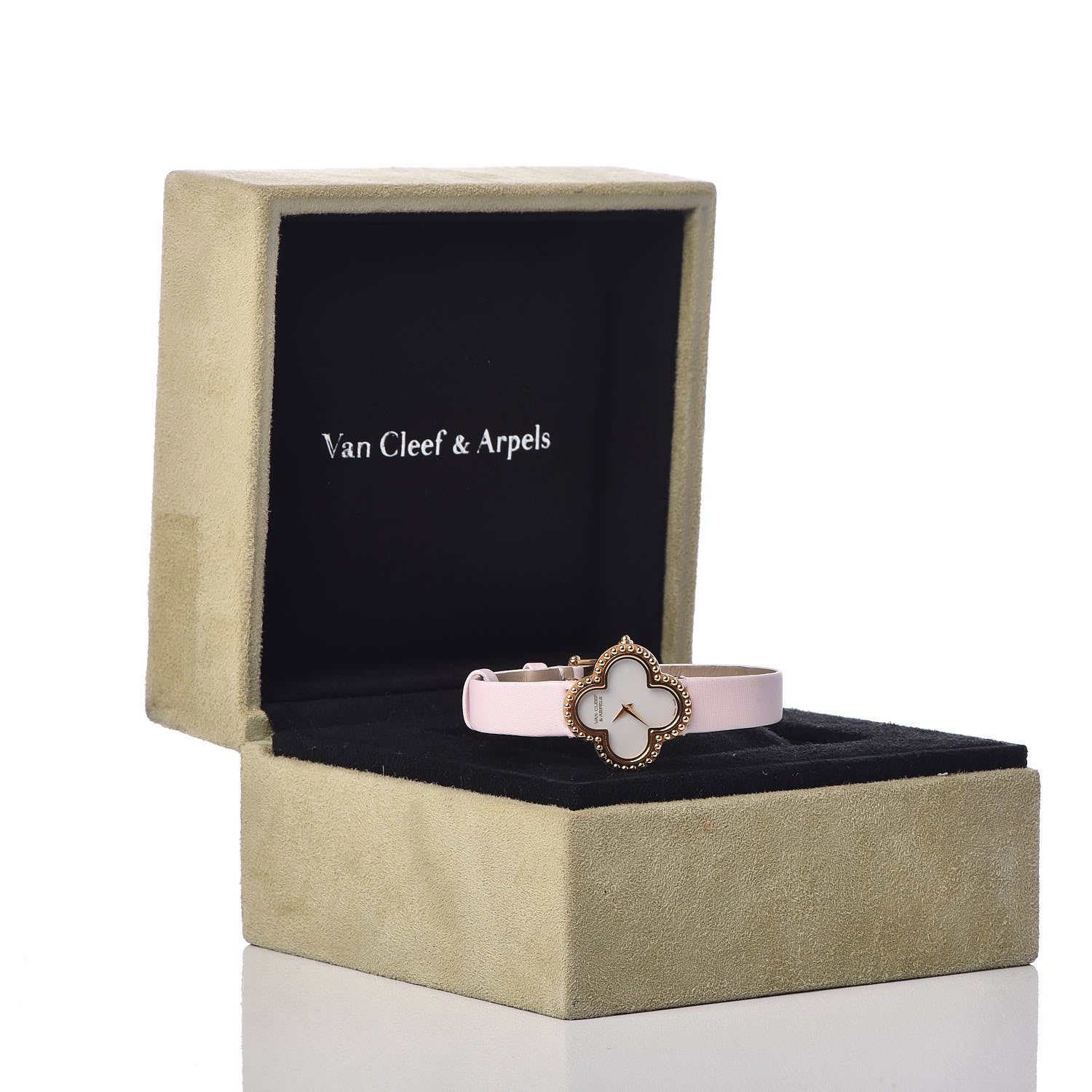 Van Cleef & Arpels 18K Yellow Gold Satin Mother of Pearl 26mm Alhambra Quartz Watch Pink 9 of 9