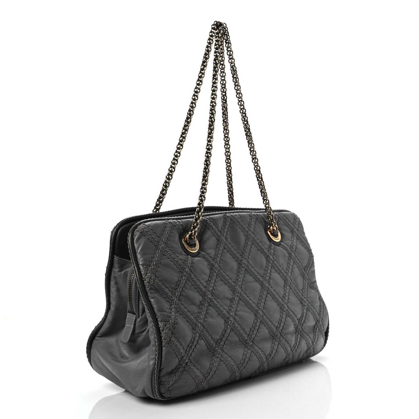 Calfskin Quilted Stitch Triptych Tote Grey