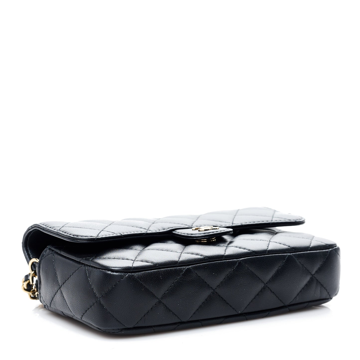 Lambskin Quilted Flap Phone Holder With Chain Black