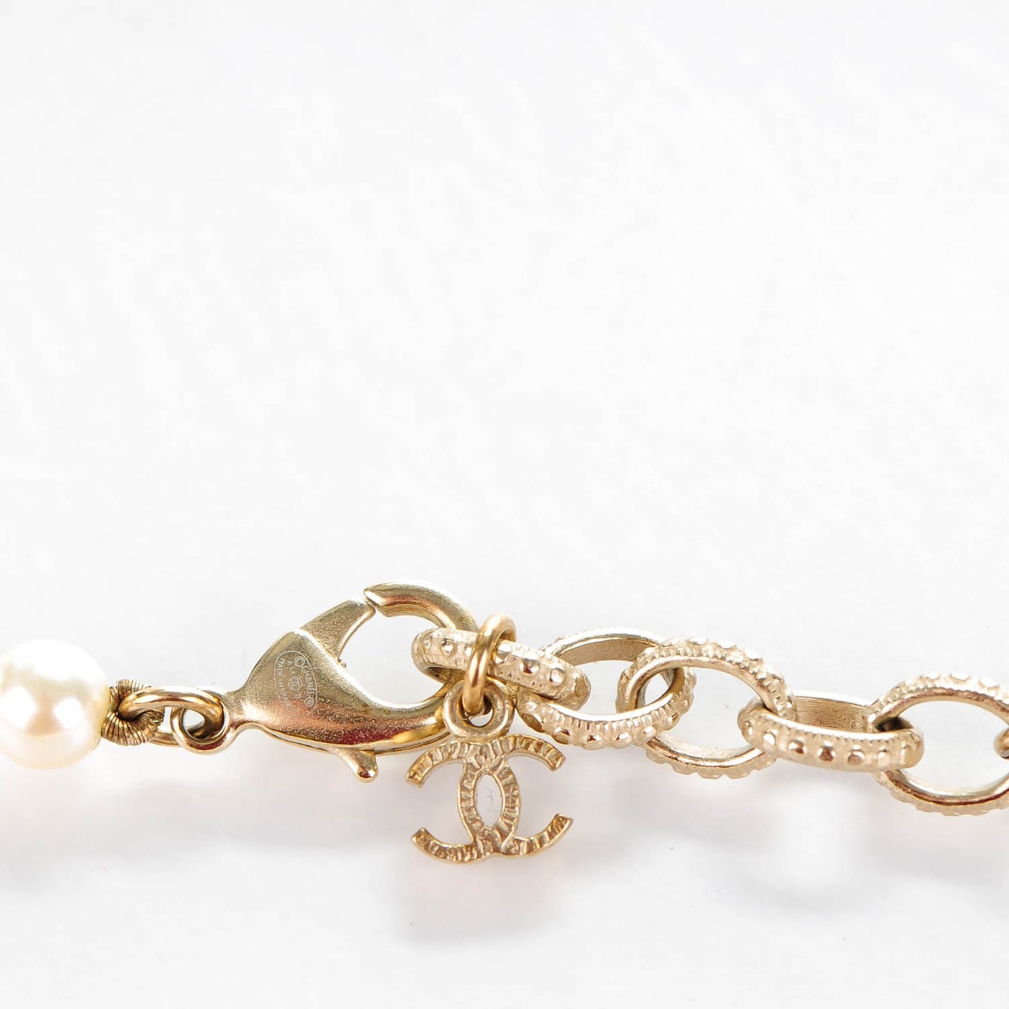 Baguette Crystal Pearl CC Long Necklace Gold