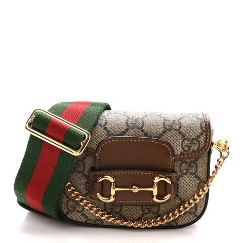 GG Supreme Monogram Azalea Calfskin Web Horsebit 1955 Wallet On Strap Beige Ebony Brown Sugar
