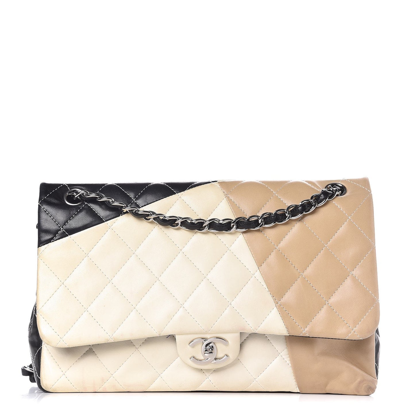 Lambskin Quilted Colorblock Jumbo Double Flap Black White Beige