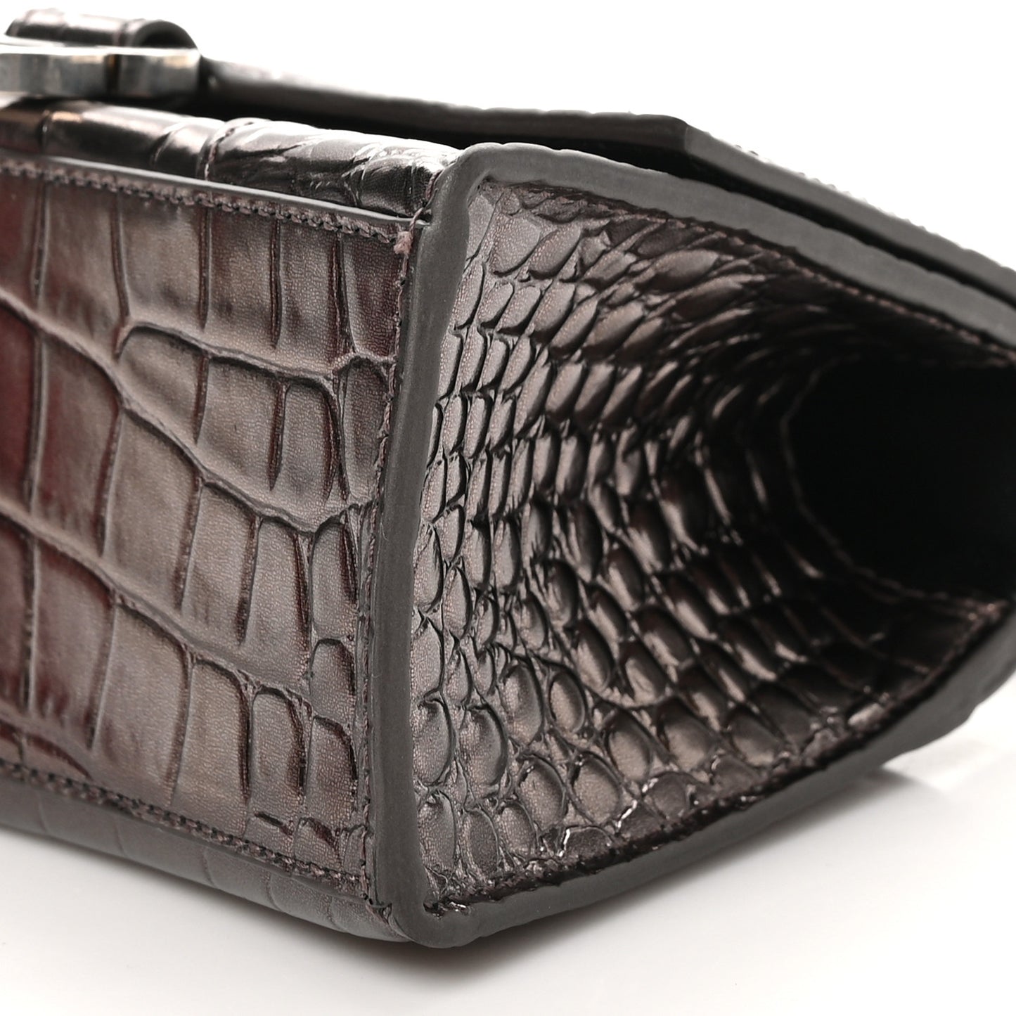 Metallic Shiny Calfskin Crocodile Embossed Hourglass Top Handle Bag XS Dark Bronze