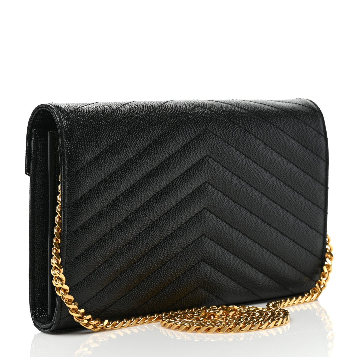 product image of SAINT LAURENT Grain De Poudre Matelasse Chevron Monogram Chain Wallet Black FASHIONPHILE