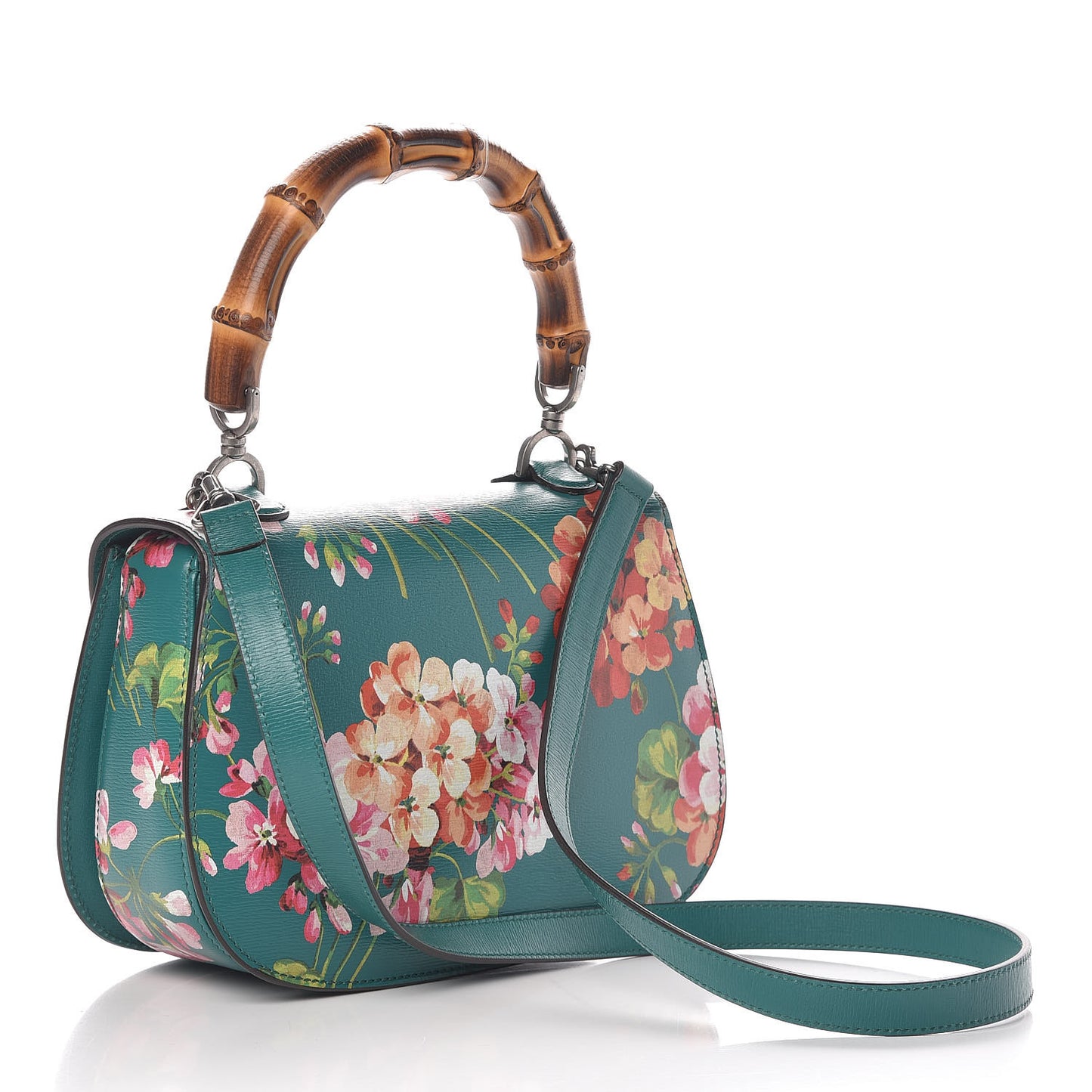 Shangai Calfskin Blooms Print Small Classic Bamboo Top Handle Bag Bright Emerald Multicolor