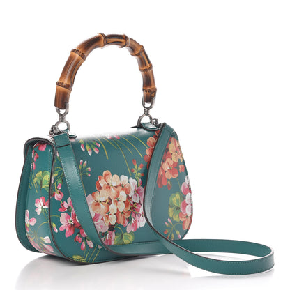 Gucci Shangai Calfskin Blooms Print Small Classic Bamboo Top Handle Bag Bright Emerald Multicolor 4 of 11