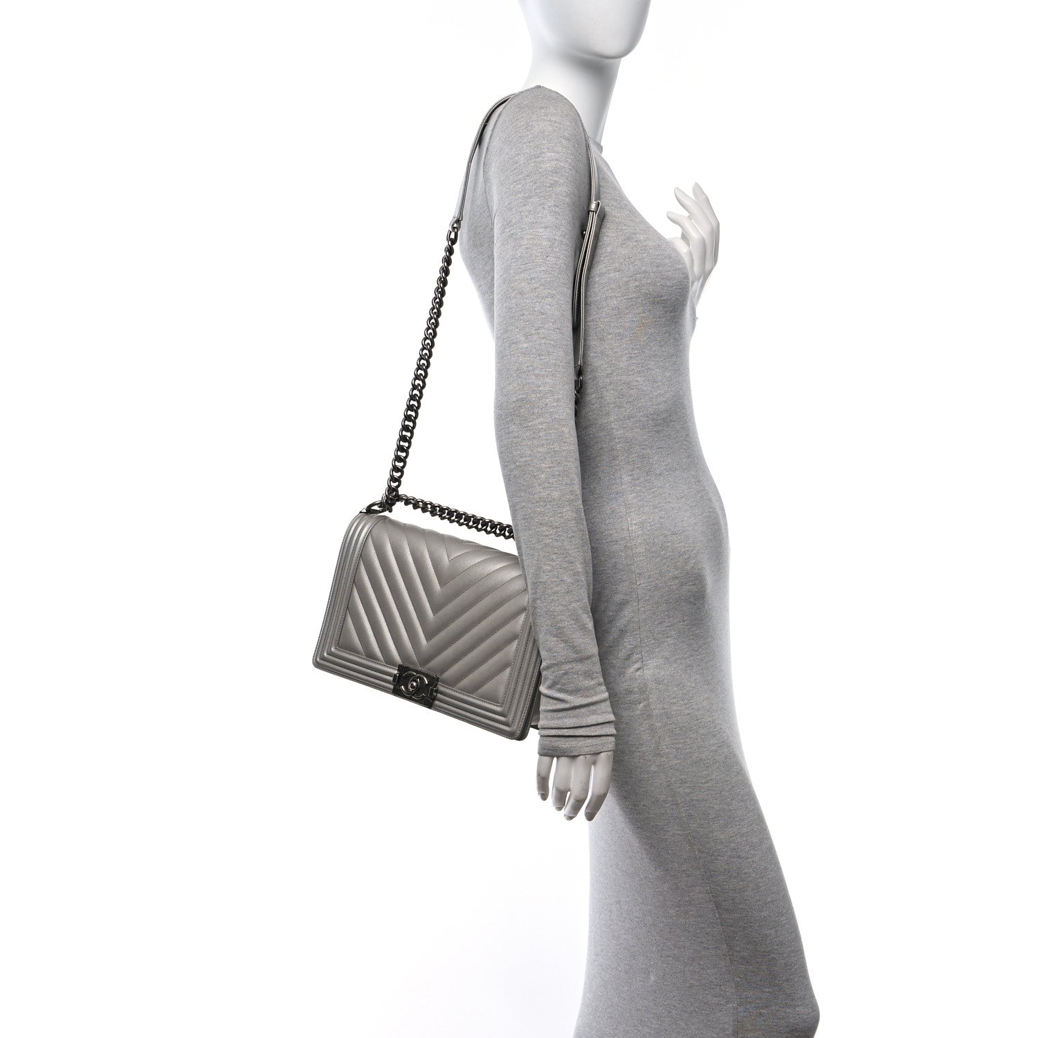 Chanel Metallic Caviar Chevron Quilted New Medium Boy Flap Silver 2 of 11