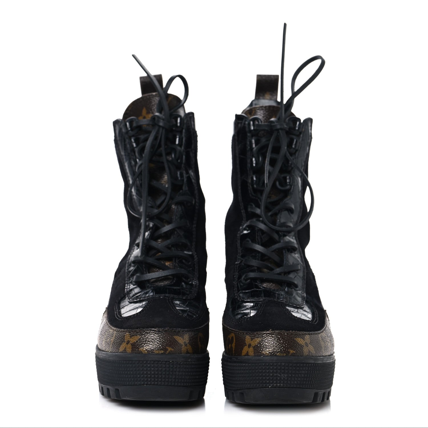 Louis Vuitton Suede Crocodile Embossed Calfskin Monogram Laureate Platform Desert Boots 36 Black 3 of 10