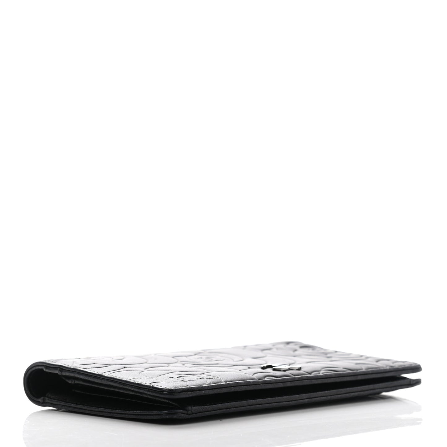 Lambskin Camellia Embossed Yen Wallet Black