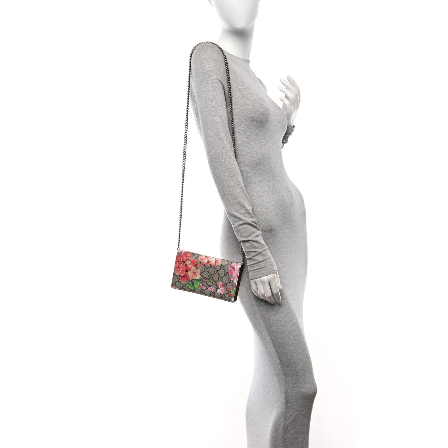 GG Supreme Monogram Blooms Chain Wallet Beige Multicolor Dry Rose