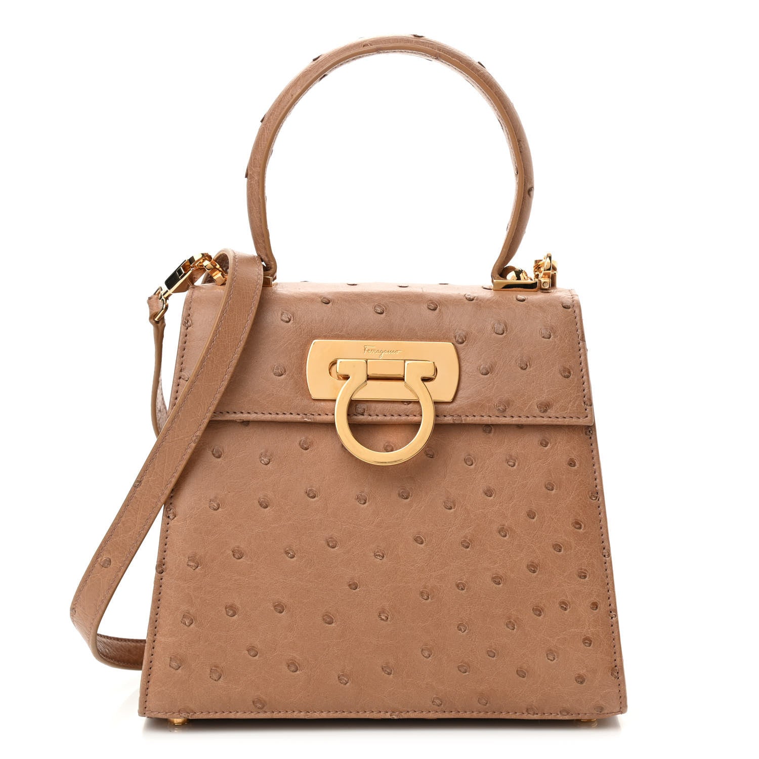Salvatore Ferragamo Ostrich Iconic Small Top Handle Bag Camel 1 of 10