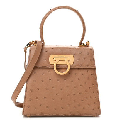 Salvatore Ferragamo Ostrich Iconic Small Top Handle Bag Camel 1 of 10