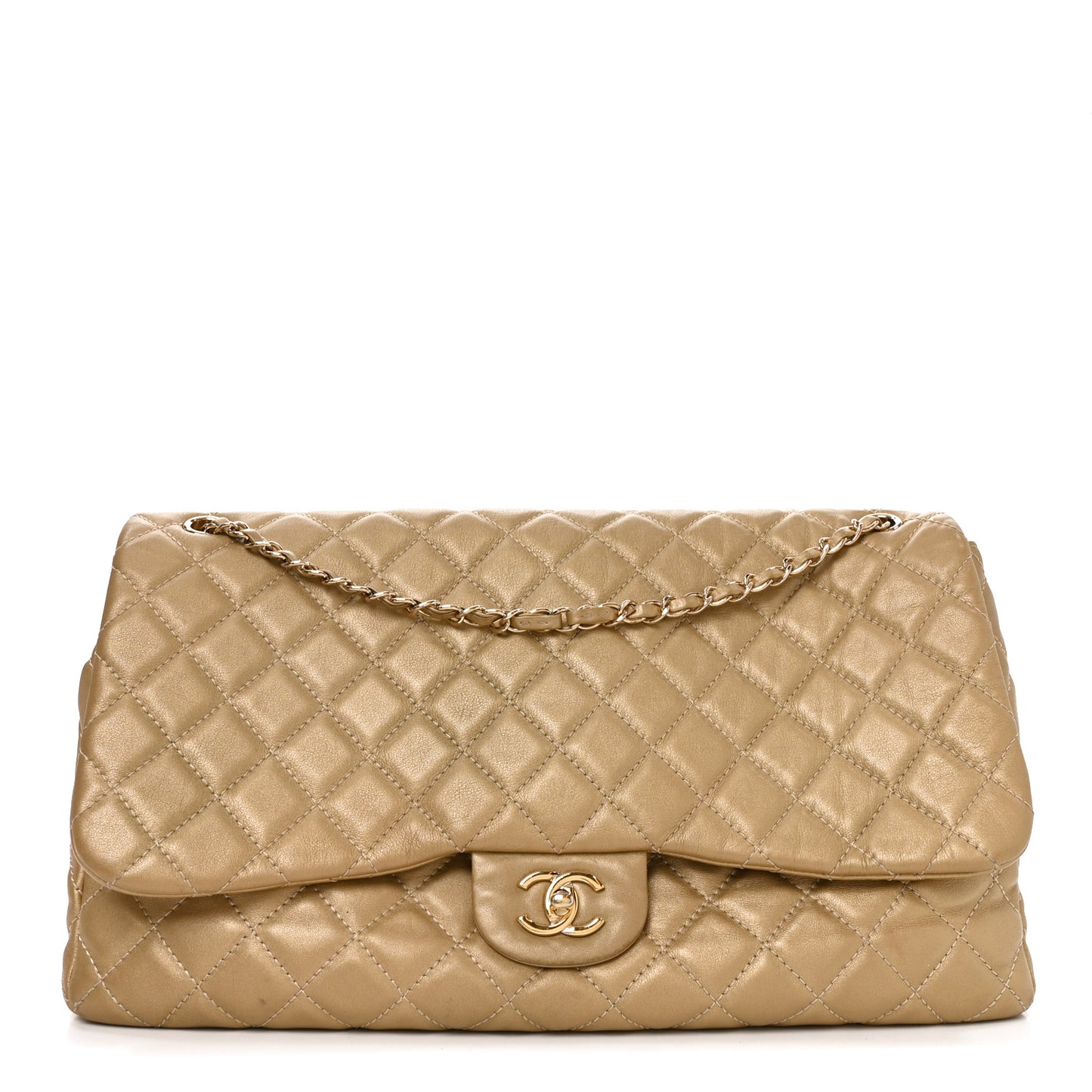 Metallic Calfskin Quilted Small XXL Travel Flap Bag Gold