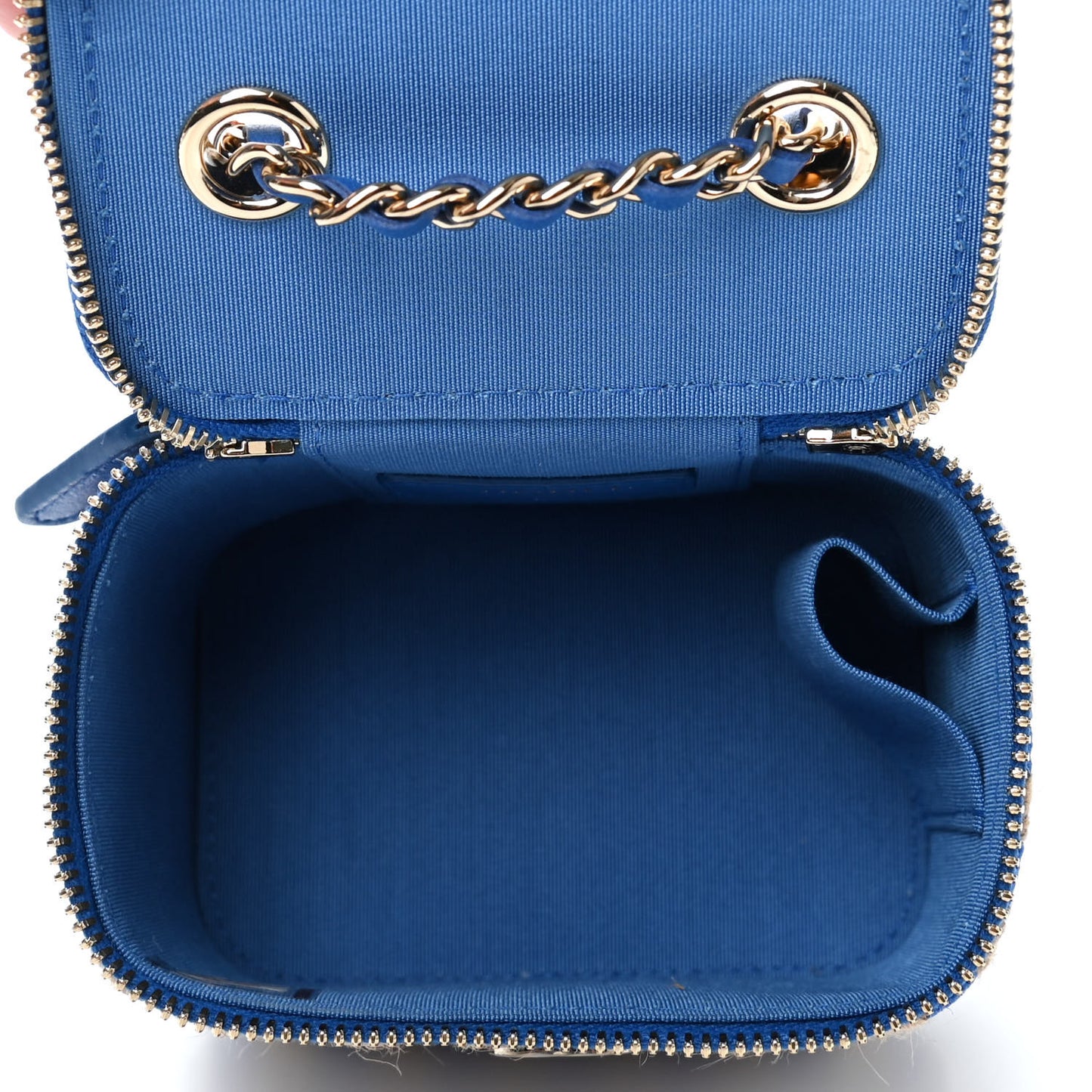 Raffia Jute Striped Mini Vanity Case With Chain Blue Beige