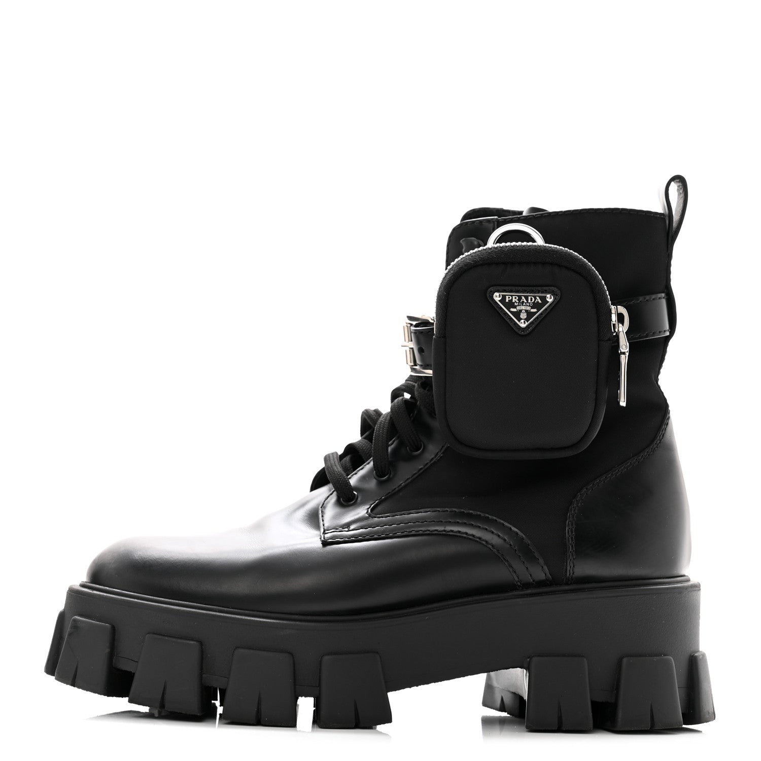 Prada Spazzolato Rois Nylon Metal Triangle Logo Monolith Pouch Pocket 55mm Boots 39 Black 1 of 7