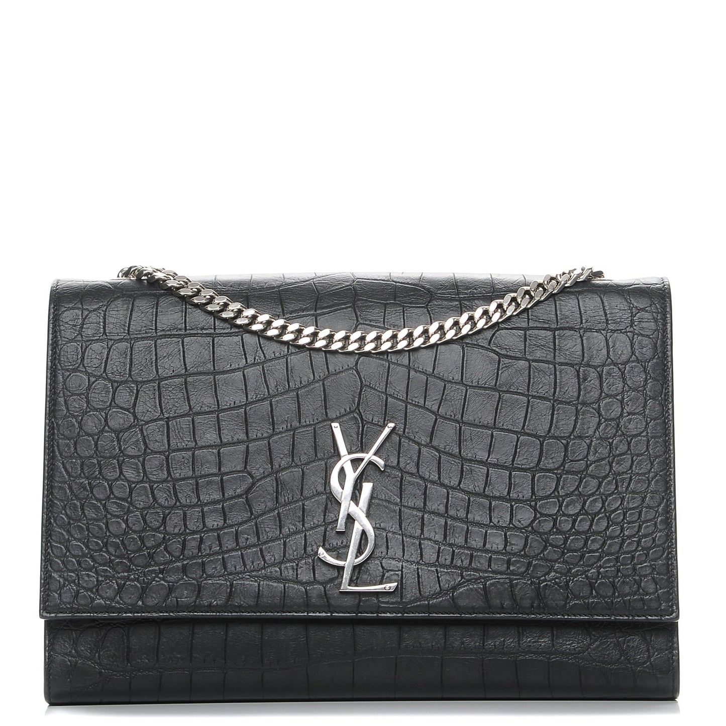 Calfskin Crocodile Embossed Large Classic Monogram Kate Satchel Black