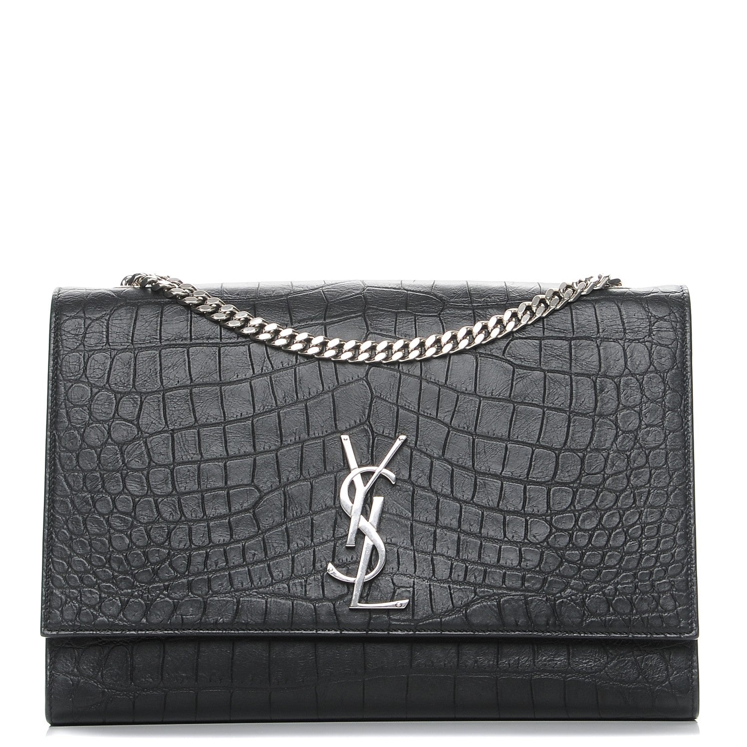 Saint Laurent Calfskin Crocodile Embossed Large Classic Monogram Kate Satchel Black 1 of 7