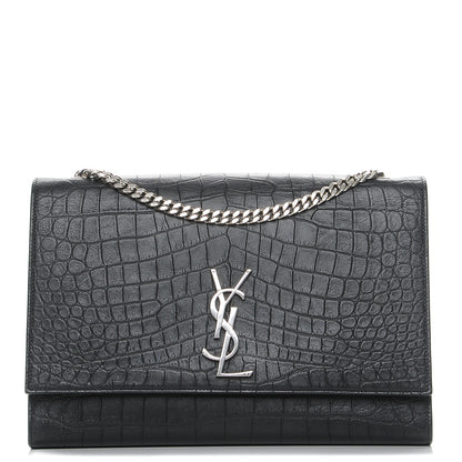 Saint Laurent Calfskin Crocodile Embossed Large Classic Monogram Kate Satchel Black 1 of 7