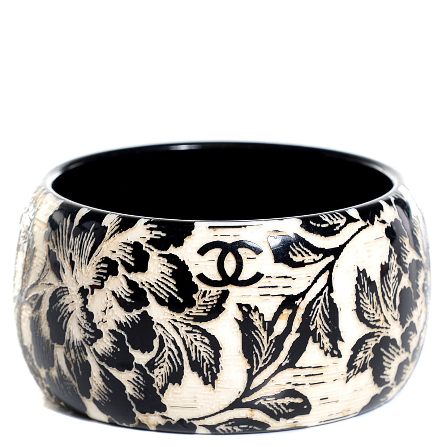 Resin Laser Etched Floral Bangle Black Cream
