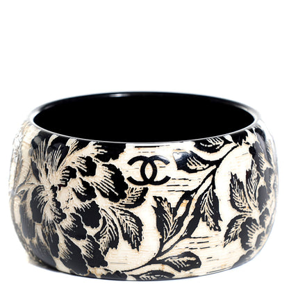 Chanel Resin Laser Etched Floral Bangle Black Cream 1 of 4