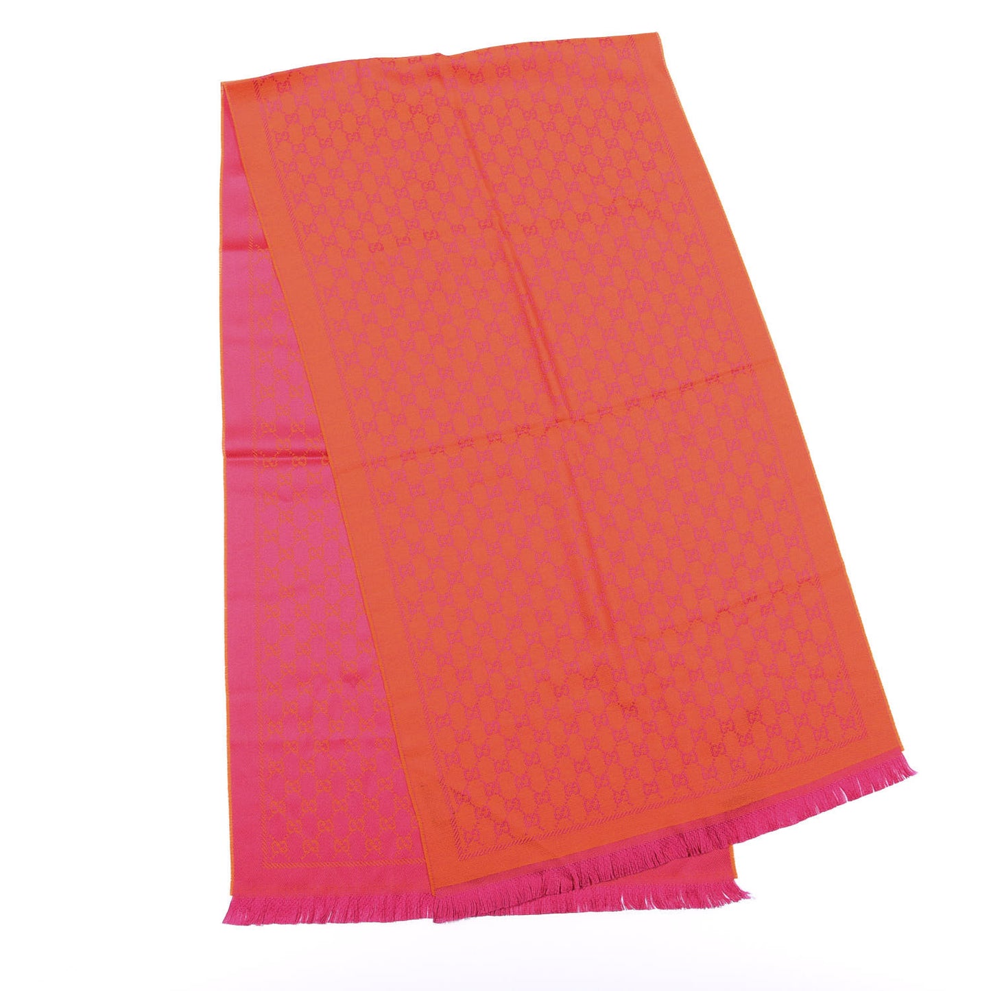 Wool GG Monogram Reversible New Sten Fringe Scarf Orange Pink
