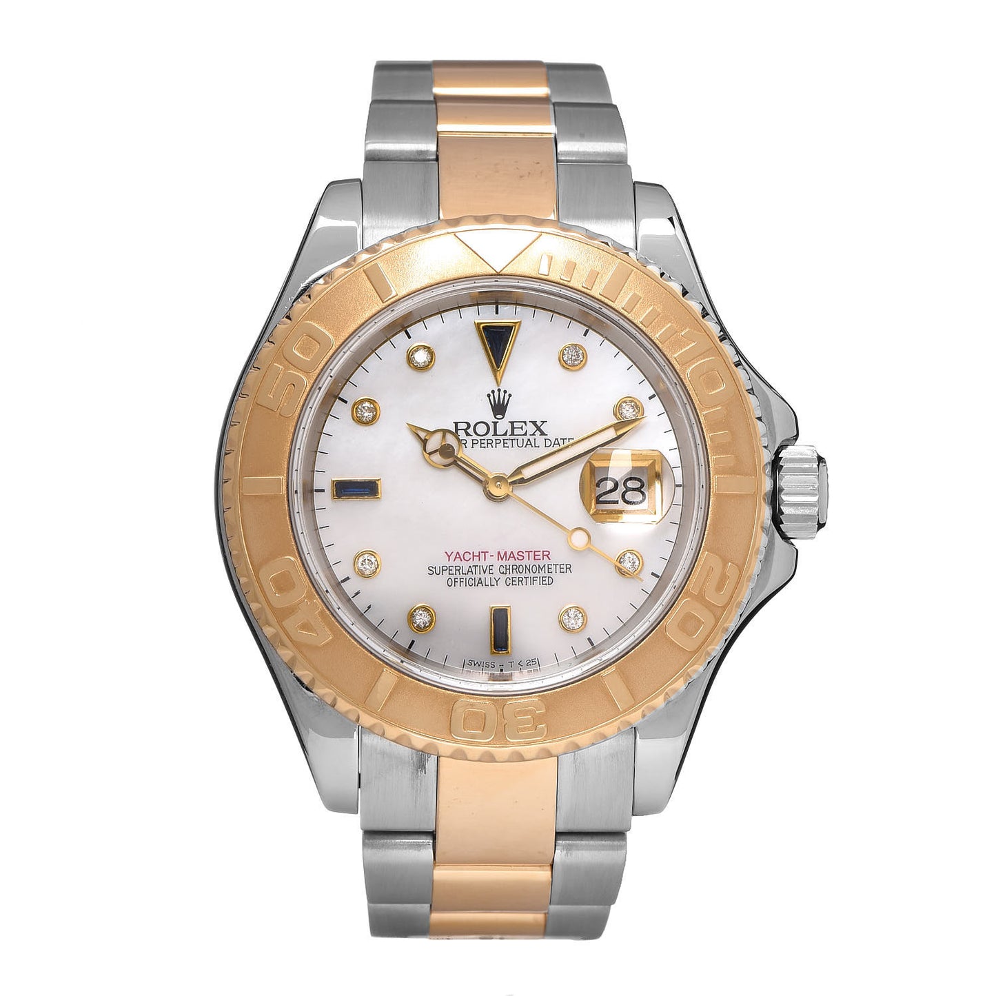 Stainless Steel 18K Yellow Gold Mother of Pearl Sapphire Diamond 40mm Oyster Perpetual Date Yacht-Master Watch 16623