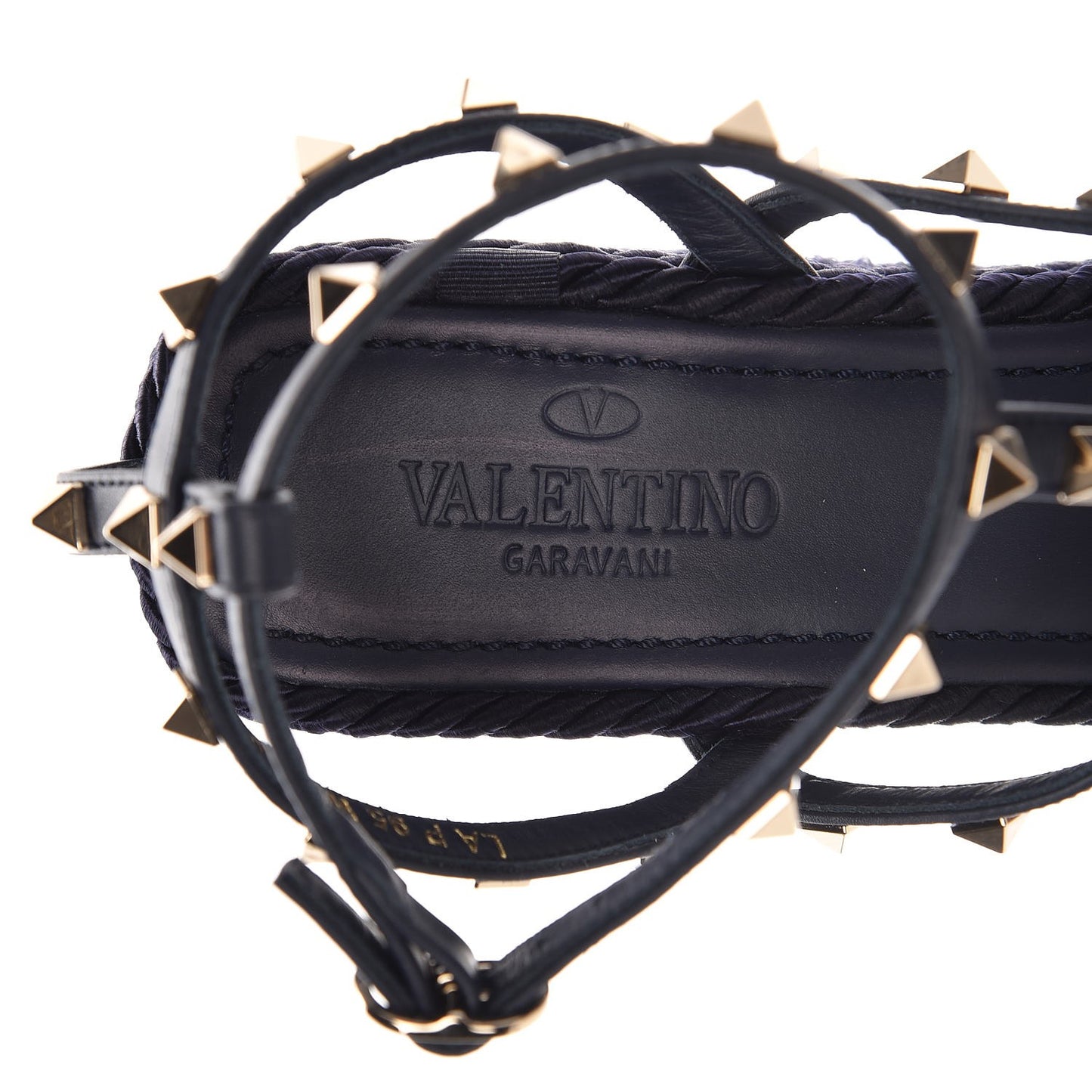 Calfskin Rockstud Ankle Strap Torchon Espadrille Caged Wedge Sandals 40 Navy