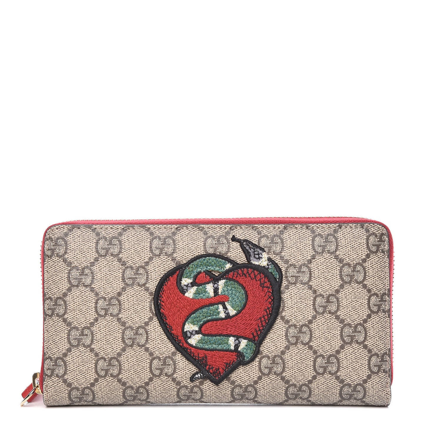 GG Supreme Monogram Kingsnake Heart Embroidered Zip Around Wallet Red