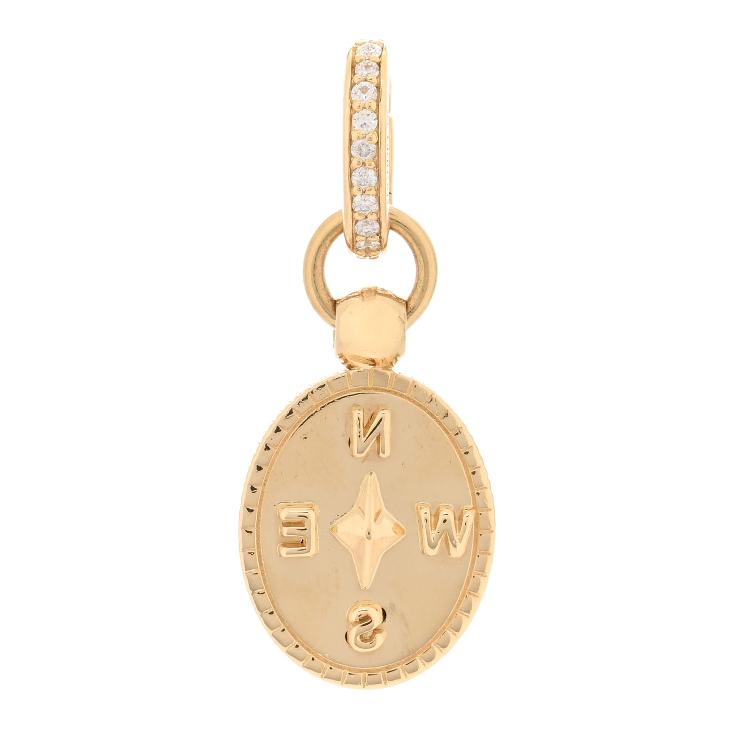 18K Yellow Gold Diamond Internal Compass Miniature Crest Pave Oval Push Gate Charm