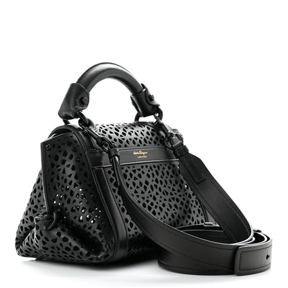 Salvatore Ferragamo Soft Calfskin Laser Cut Sofia Satchel Black 3 of 11