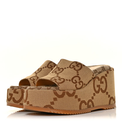 Gucci Monogram Jumbo GG Platform Slide Wedge Sandals 39 Camel Ebony 3 of 9