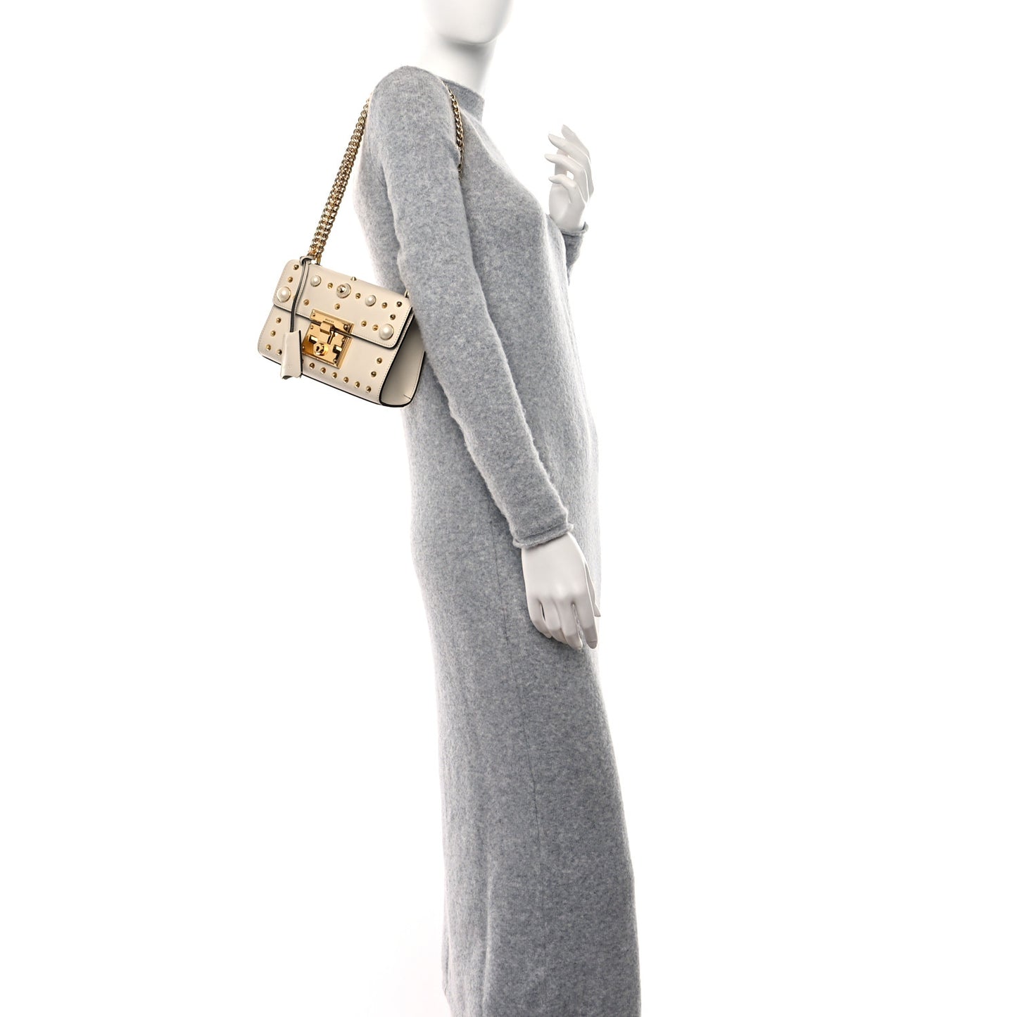 Calfskin Studded Small Padlock Shoulder Bag White