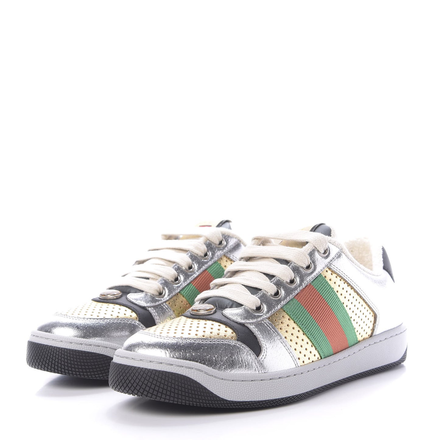 Metallic Calfskin Web Womens Screener Sneakers 35 Silver Gold Black
