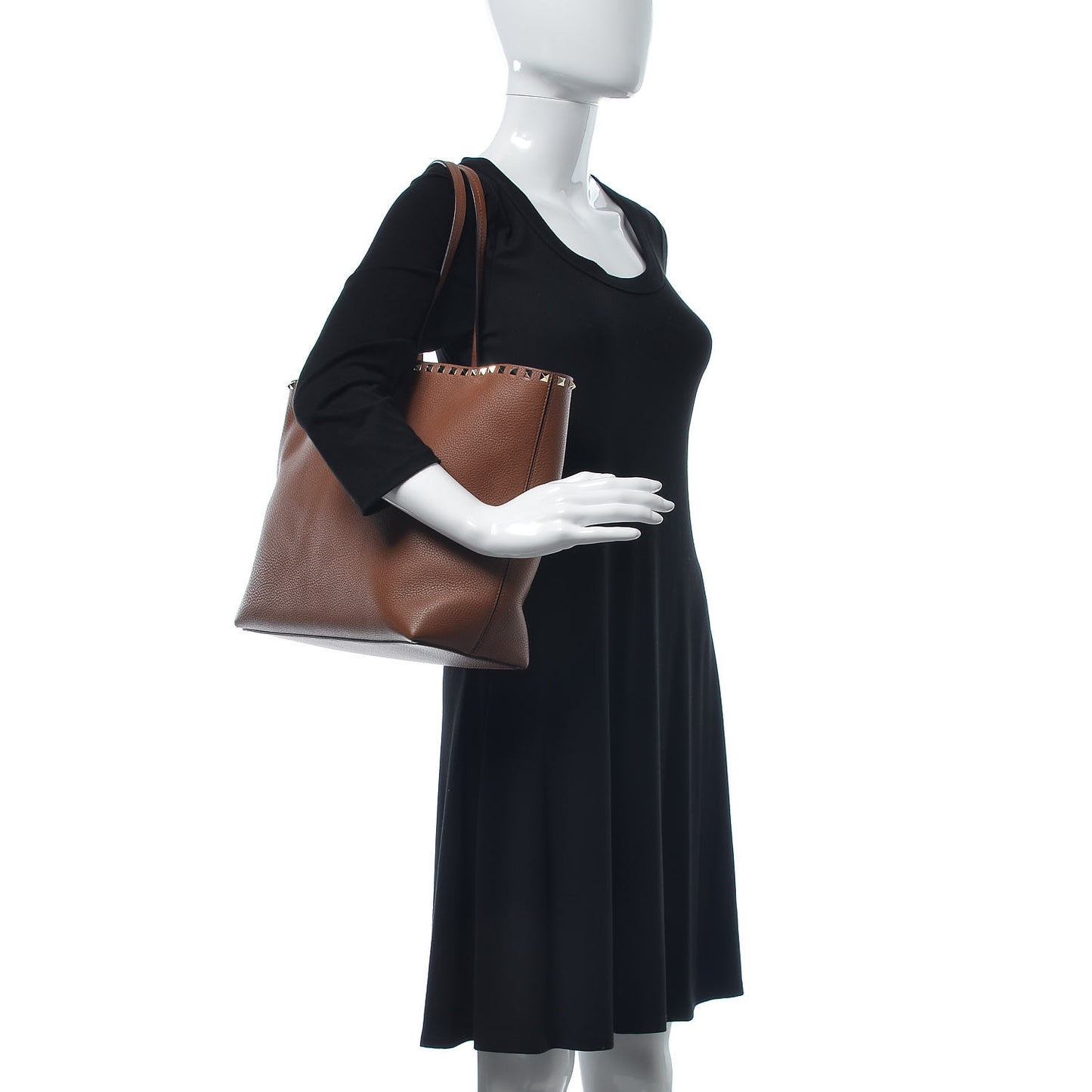 Grained Calfskin Rockstud Shoulder Tote Bright Cognac