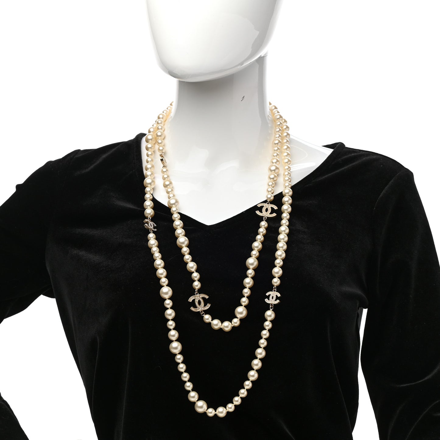 Graduated Pearl Crystal CC Long Necklace Light Gold