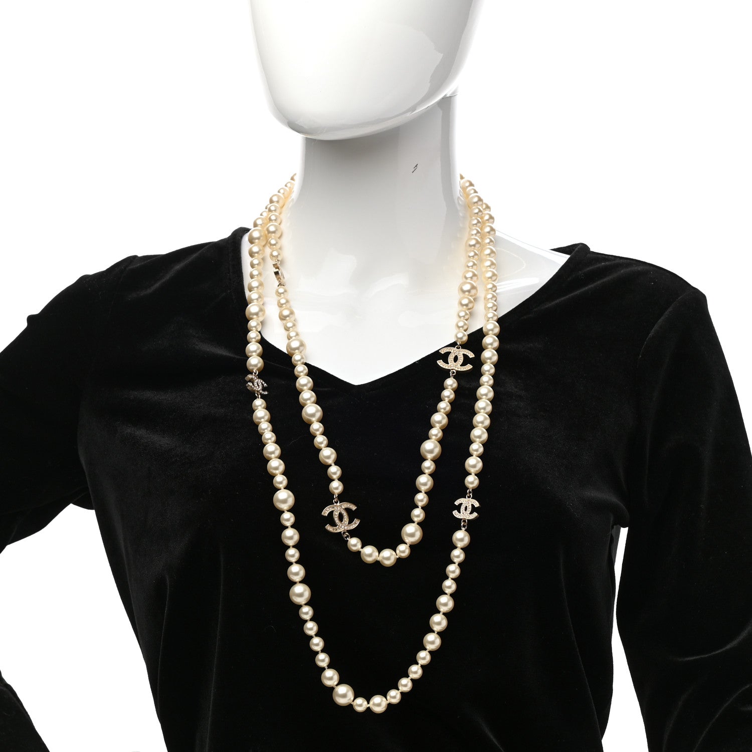 Chanel Graduated Pearl Crystal CC Long Necklace Light Gold 2 of 5