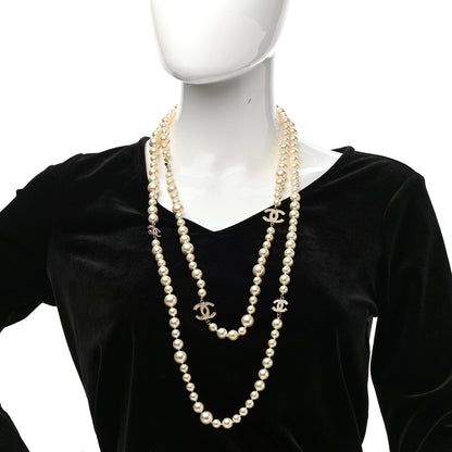 Chanel Graduated Pearl Crystal CC Long Necklace Light Gold 2 of 5