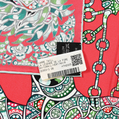 Hermes Silk La Légende De La Forêt Scarf 90 Corail Vert Black 4 of 5