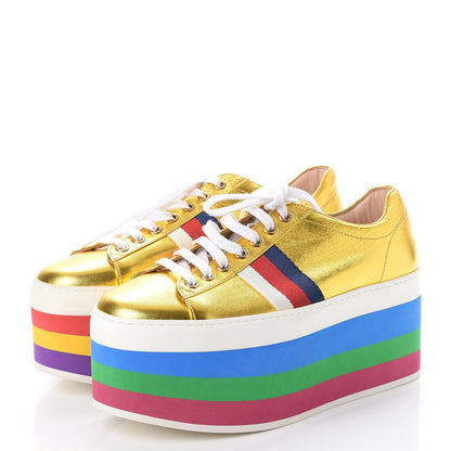 Gucci Metallic Nappa Sylvie Web Peggy Platform Sneakers 38.5 Oro Vecchio 3 of 9