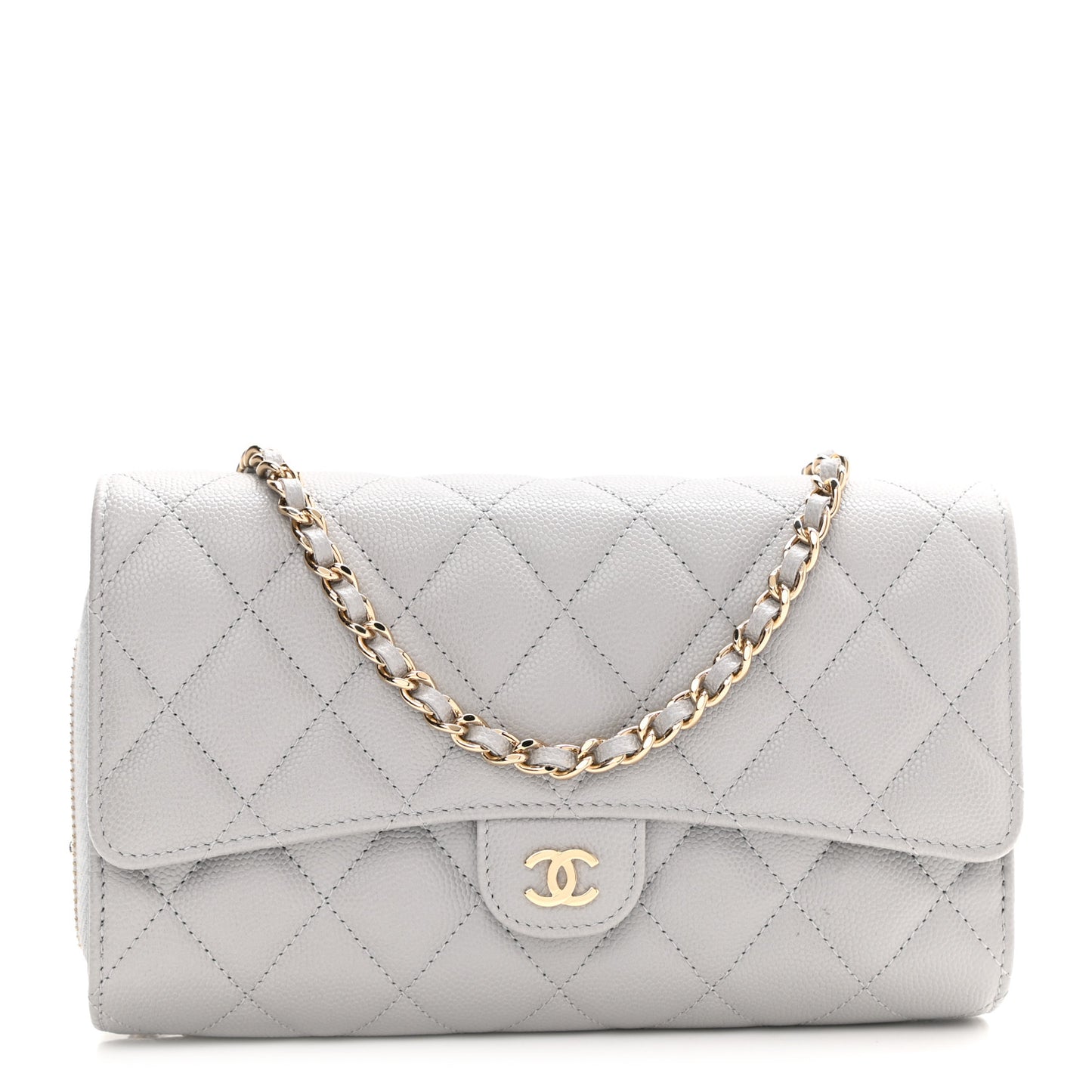 Caviar Quilted Phone Holder Wallet on Removable Chain Grey