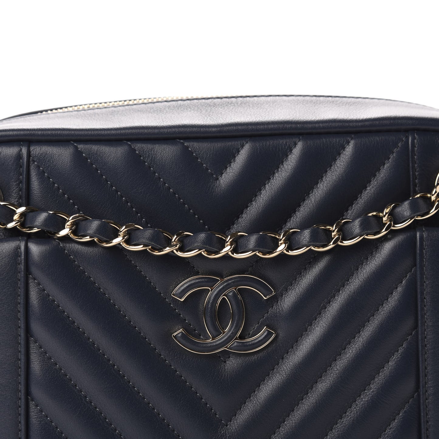 Calfskin Quilted Daily Chevron Camera Case Navy Blue