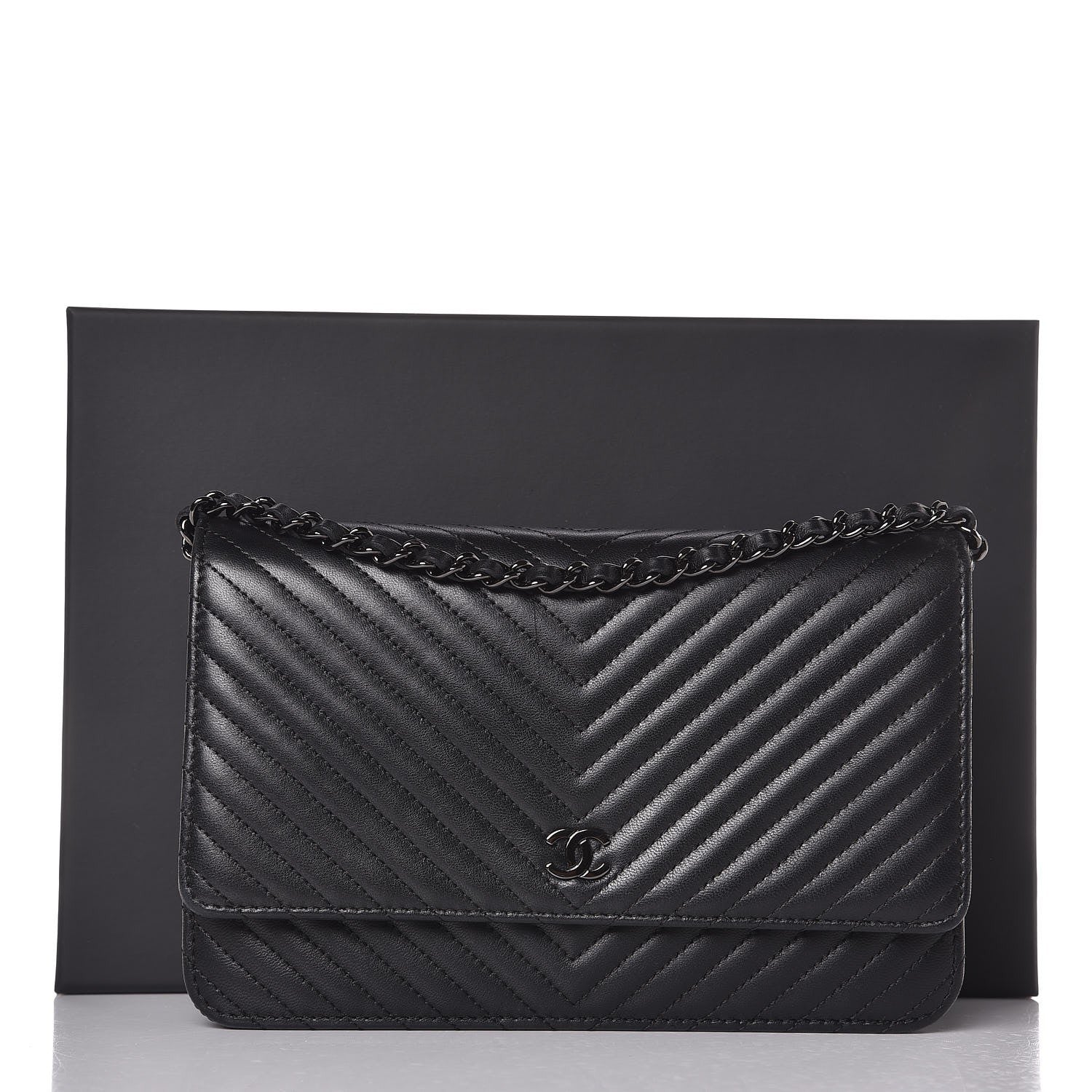 Chanel Lambskin Chevron Quilted Wallet On Chain WOC So Black 10 of 10