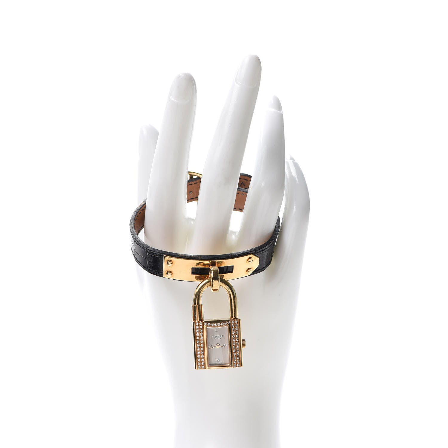Hermes 18K Yellow Gold Alligator Diamond 20mm Kelly Cadena Quartz Watch Noir 2 of 6