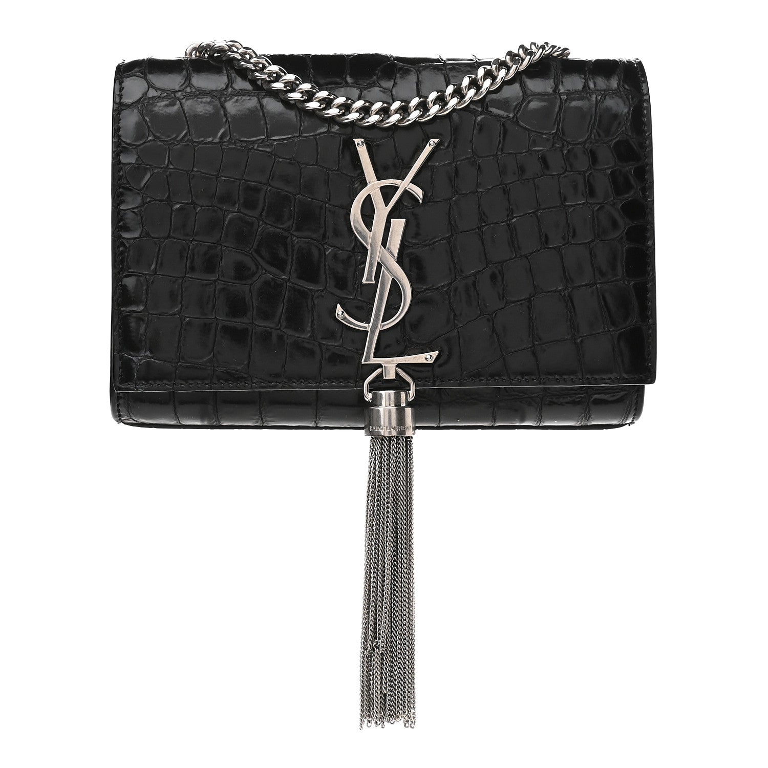 Saint Laurent Calfskin Crocodile Embossed Small Classic Monogram Kate Tassel Satchel Black 1 of 8