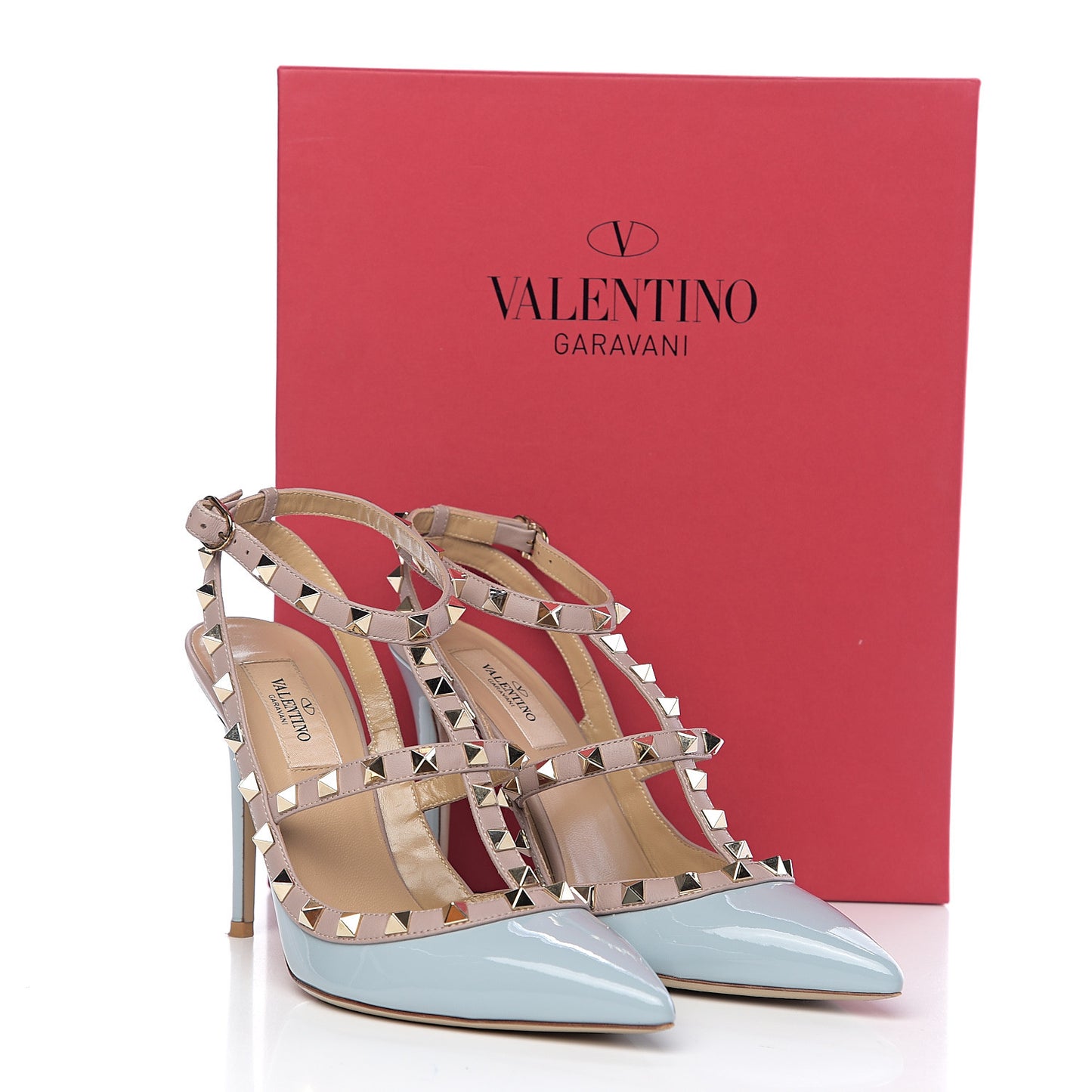 Patent Nappa Rockstud Ankle Strap 100mm Pumps 38 Sky Sorbet Poudre