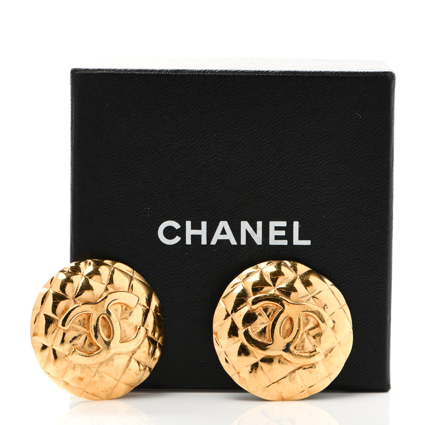 Metal Quilted CC Round Clip On Earrings Gold