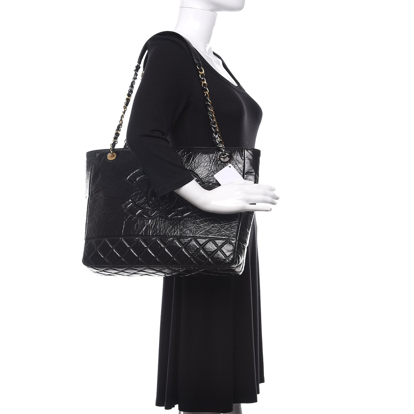 Shiny Aged Calfskin Quilted Large Shopping Bag Black