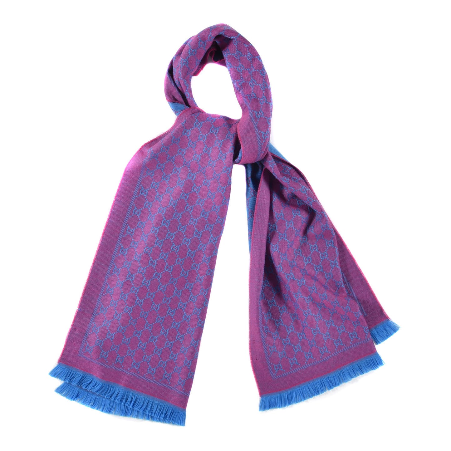 Wool GG Monogram Reversible New Sten Fringe Scarf Fuxia Sky Blue
