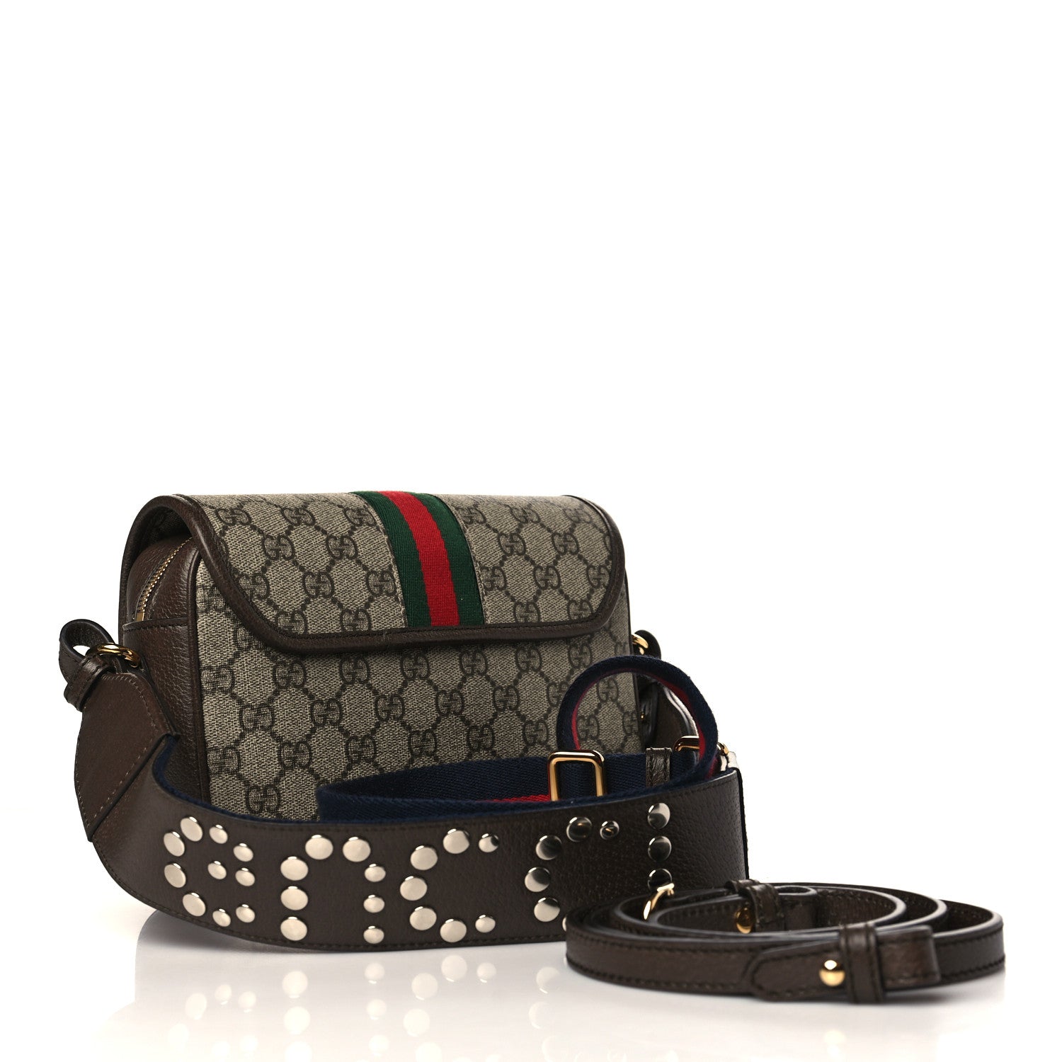 Gucci GG Supreme Monogram Textured Dollar Calfskin Web Studded Mini Ophidia Flap Shoulder Bag Beige Ebony New Acero 2 of 9